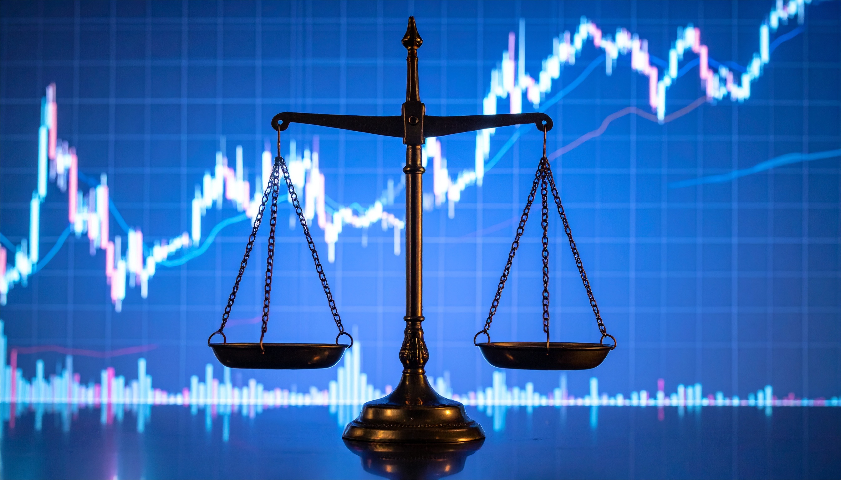 Balance scales against financial charts representing litigation and enforcement
